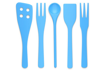 Wooden kitchen utensils, tools and equipment on white background.