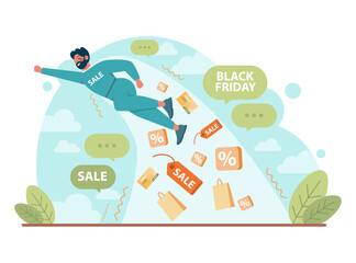 Black friday concept. Happy character rush to purchases. Shopping cart