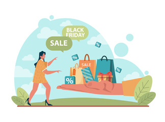 Black friday concept. Shopping cart and bags with goods and presents.