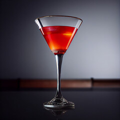 Manhattan. Whiskey, Sweet Vermouth. Strain into chilled martini glass cocktail coupe. Standing on  bar with gradient background.