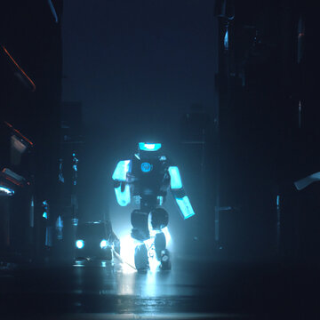 Cyberpunk soldier city patrol digital illustration of science fiction military robot warrior patrolling night time dystopian streets. Concept art poster design. Dystopian world concept.