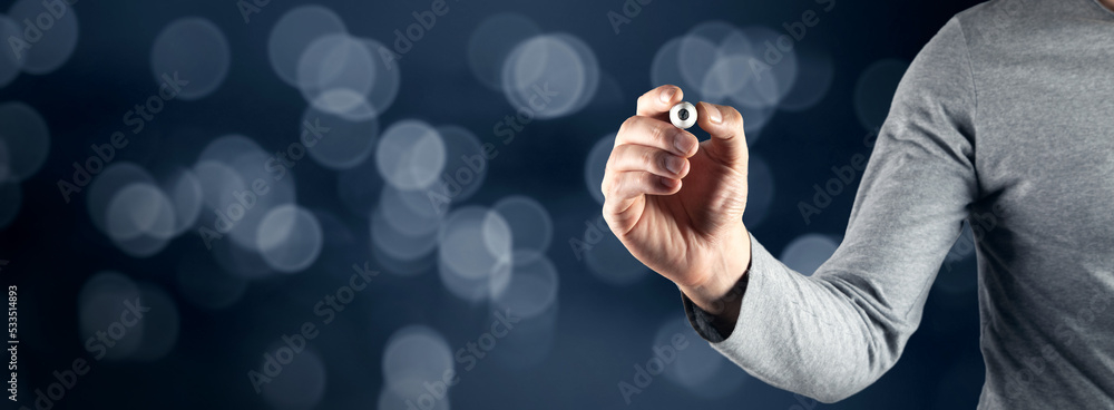 Poster man holding marker with empty copyspace.