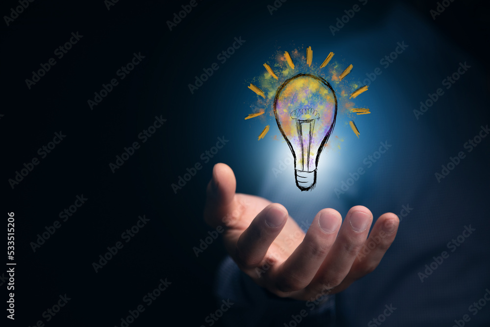 Poster man using lightbulb idea interface