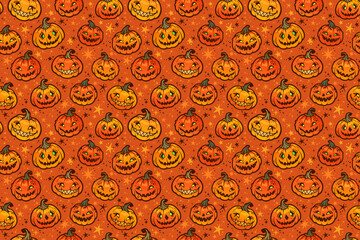 seamless pattern with smiling orange halloween pumpkins and stars