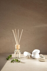 Aroma diffuser in a clear glass bottle with a wooden cap on a light stone background with wooden sticks behind and green branches. Front view