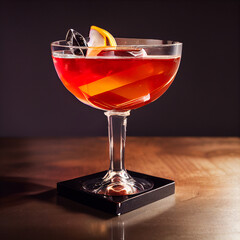 Negroni cocktail.  Studio lighting. Bar Backdrop. Gin, Campari, sweet vermouth.