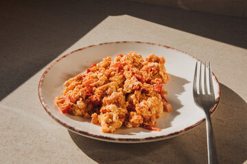 Breakfast, scrambled eggs with tomatoes in a beige plate on a stone table. Top view