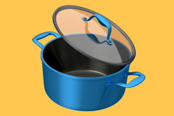Stainless steel stewpot and chrome plated aluminum cookware on yellow background