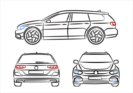 Modern classic station wagon car, hatchback, abstract silhouette on white background. Vehicle icons set view from side, front and back.
Black sketch of vehicles
