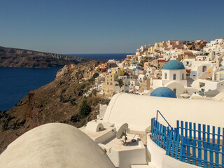 Santorini island white buildings and Medditerean sea Greece UK