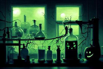 halloween laboratory with pumpkin - obrazy, fototapety, plakaty