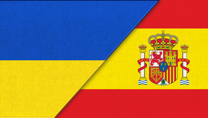 Flag of Ukraine and Spain. 3D illustration. Friendship of countries