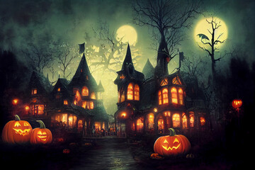 Fototapeta na wymiar halloween house background with pumpkins