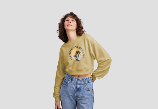 Woman Wearing Crop Top Sweatshirt Mockup