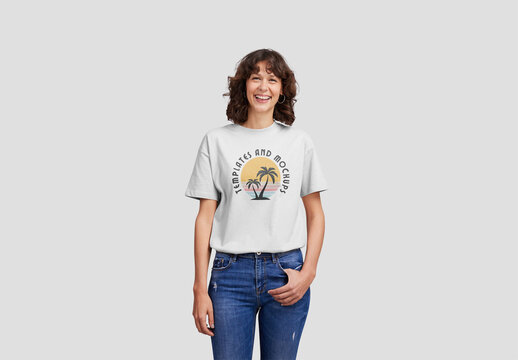 Smiling Woman Wearing a Shirt Mockup with Custom Color