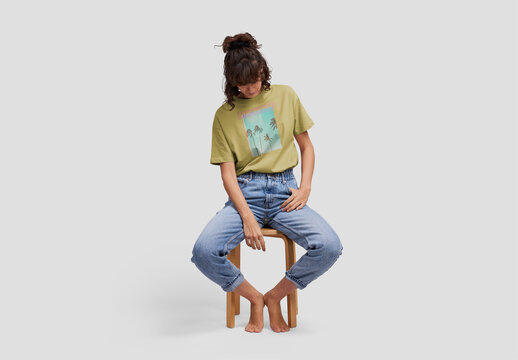 Woman with Shirt Mockup Sitting on a Stool