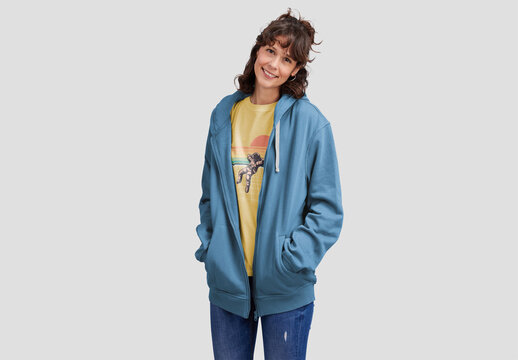 Woman with Open Zip-Up Hoodie and T-Shirt Mockup with Customizable Colors