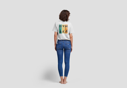 Full Body Woman with T-Shirt Mockup from Behind