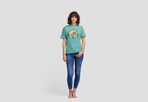 Woman Wearing Short Sleeve T-Shirt Mockup With Customizable Color