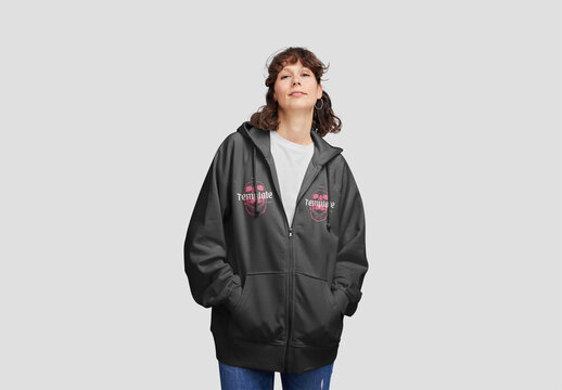 Woman Wearing Zip-Up Hoodie Mockup