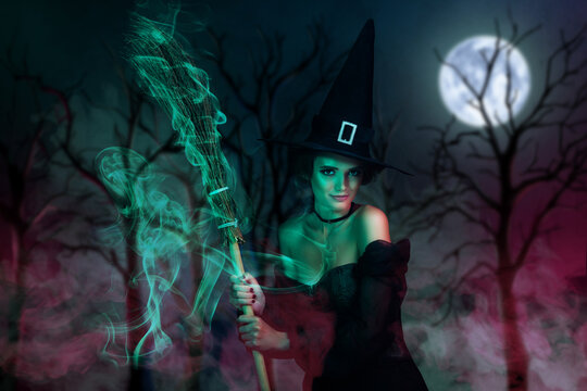 Collage picture of satanic tempting lady enjoy nightmare magic holding broom stick full moon night in black dark forest