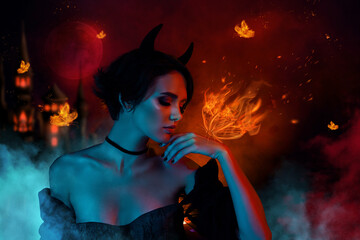 Picture collage of lady satan look mystically hand fire drawing butterfly isolated on dark mist...