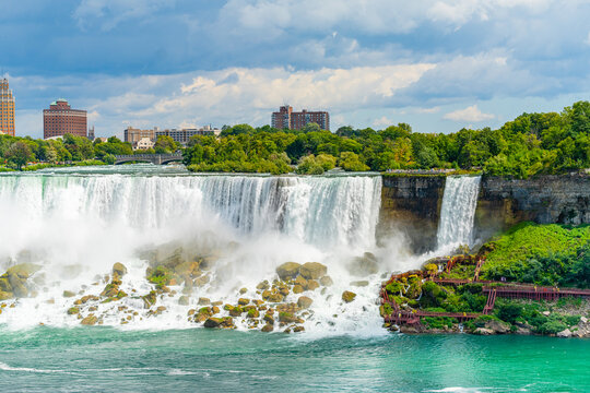 View on the Bridal Veil Falls and American Falls of the Niagara Falls, the part of Goat Island, the Cave of the Winds Lookout, stairs and platforms, wooden walkways, Niagara Falls, New York, USA