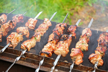 Cooking shish kebab on the grill. Cooking marinated meat on coals. Cooking meat on coals.