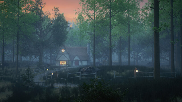 Witch's Cottage House In A Dark Forest. Halloween Concept 3D Rendering.