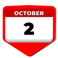 2 October vector icon calendar day. 2 date of October. Second day of October. 2nd date number. 2 day calendar. Two date. Republic Day of North Macedonia