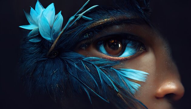Blue eye anime indian. Close-up. Around this portrait is a wreath of light blue feathers, and the dark blue translucent surrealism. 3d rendering. Raster illustration.