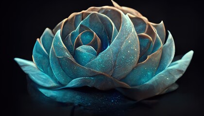 Fantastic blue rose with a magical glow. Fantasy rose, neon blue light, magic flower. 3d rendering. Raster illustration. - obrazy, fototapety, plakaty