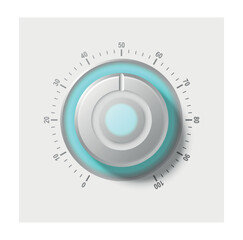 Adjustment round dial. Gray button with blue neon for volume control. Graphic element for website in futuristic style. Modern technologies and digital world. Realistic 3D modern vector illustration