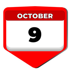9 October vector icon calendar day. 9 date of October. Ninth day of October. 9th date number. 9 day calendar. Nine date. Independence day of Singapore, National Book Lovers