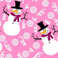 Winter Christmas seamless snowman with carrot and scarf pattern for wrapping paper and Noel and kids and fabrics