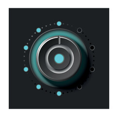 Adjustment round dial. Black button with blue neon illumination. Modern technologies and digital world. Interface for programs and apps. Futuristic design. Realistic 3D modern vector illustration