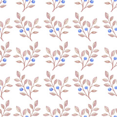seamless watercolor pattern of a ripe blueberry sprig on a white background, textile, wrapping paper, wallpaper