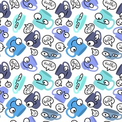 Doodle cartoon seamless tea coffee cups pattern for menu and kids clothes print and wrapping and kitchen and fabrics