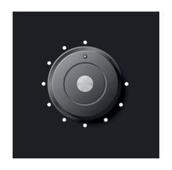 Adjustment round dial. Black button with white dots. Sound regulation. Graphic element for settings menu in programs and apps. Futuristic style, innovation. Realistic 3D modern vector illustration
