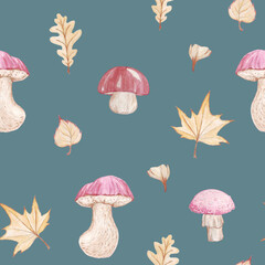 seamless watercolor pattern dark greenery mushrooms and autumn foliage on a beige background, textile, wrapping paper, wallpaper