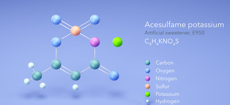 Acesulfame potassium, molecular structures, Artificial sweetener, E950, 3d model, Structural Chemical Formula and Atoms with Color Coding