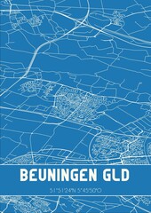 Blueprint of the map of Beuningen Gld located in Gelderland the Netherlands.