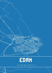 Blueprint of the map of Edam located in Noord-Holland the Netherlands.