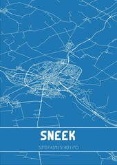 Blueprint of the map of Sneek located in Fryslan the Netherlands.