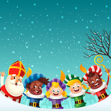 Sinterklaas - Saint Nicholas and friends girls and boys celebrate winter holidays - winter night background