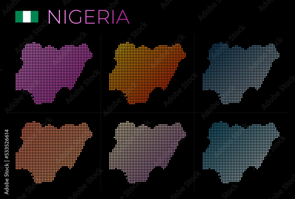 Poster nigeria dotted map set. map of nigeria in dotted style. borders of the country filled with beautiful