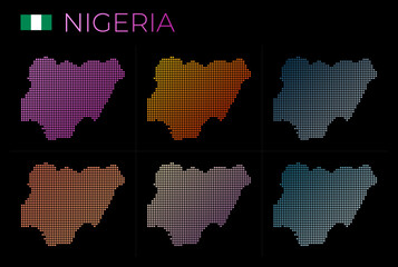 Fototapeta na wymiar Nigeria dotted map set. Map of Nigeria in dotted style. Borders of the country filled with beautiful smooth gradient circles. Authentic vector illustration.