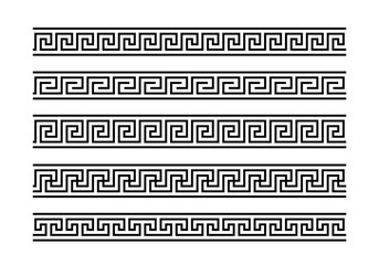 Greek key ornaments collection. Meander pattern set. Repeating geometric meandros motif. Greek fret design. Ancient decorative border. Vector