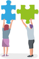 two young people holding two puzzle pieces representing connection, cooperation, collaboration, unity, equality
