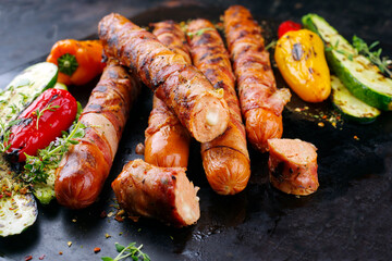 Traditional barbecue Bernese sausage with grilled vegetables served as close-up on an old rustic board - obrazy, fototapety, plakaty
